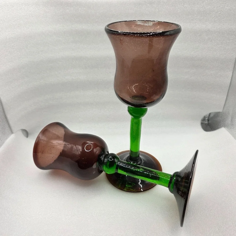 Hand Blown Mexican Bubble Glass Pedestal Goblets Purple/Green/Amber 2 Glasses